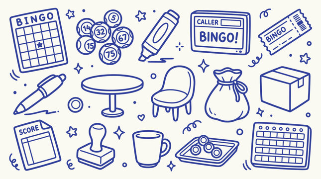 Hand-drawn doodle illustration of bingo game elements and accessories, perfect for casual gaming themes.