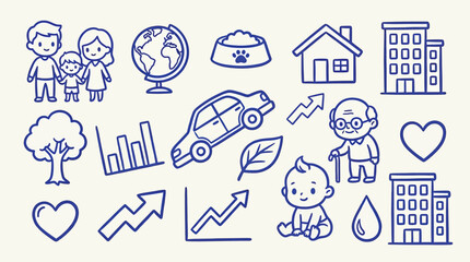 Fototapeta premium Collection of simple doodle icons representing various aspects of life, including family, home, and growth.