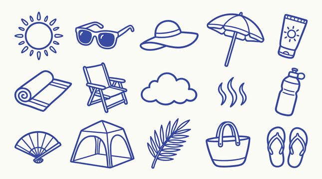 Collection of hand-drawn summer vacation and beach icons, perfect for travel and leisure themes.