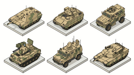 Desert Military Vehicles Isometric Vector Illustration Set, Main Battle Tanks, Armored Personnel Carriers, and Tactical Radar Systems © Imroatul mutmainah