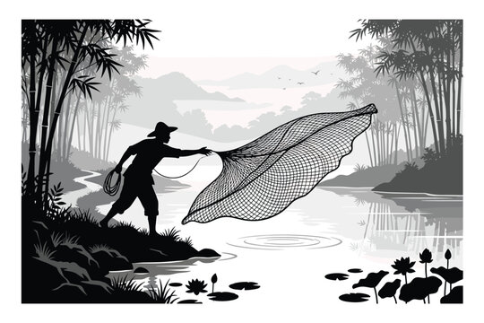 Black and white, fisherman, throwing net, river landscape, monochrome illustration