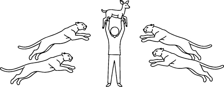 Person holding deer away from jumping big cats