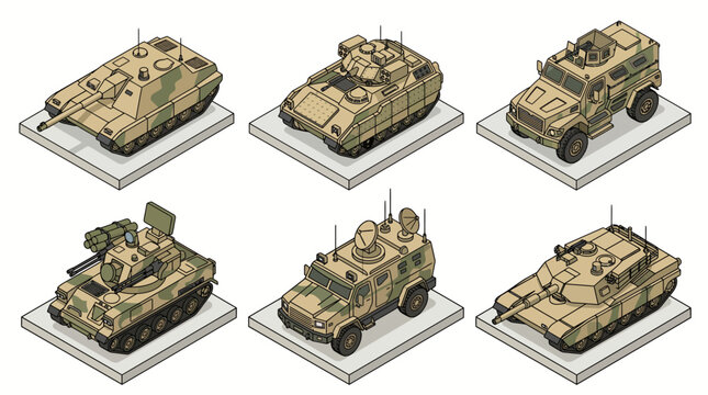 Desert Military Vehicles Isometric Vector Illustration Set, Main Battle Tanks, Armored Personnel Carriers, and Tactical Radar Systems