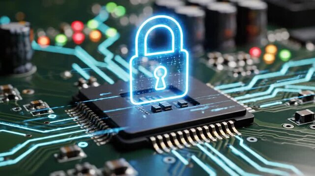 Digital padlock icon on computer motherboard processor for cybersecurity