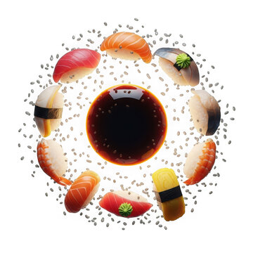 Colorful fruit donuts arranged in a circular pattern with a black center isolated on transparent background