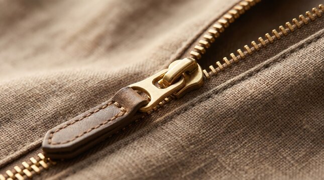 Close-up view of a golden metal zipper with a leather pull tab on textured beige fabric.