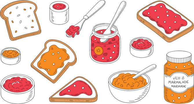Jam and Marmalade Breakfast Collection Vector Illustration Featuring Toast Bread Fruit Spreads and Sweet Preserves