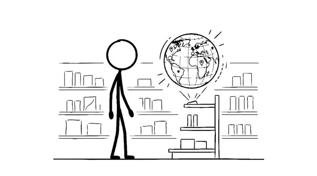 Hand drawn stick figure exploring a library with a glowing moon