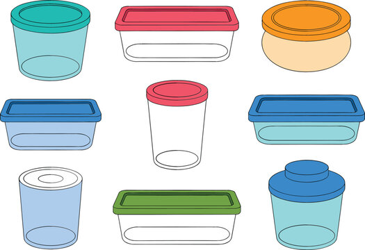 Plastic Food Container Collection Vector Illustration Featuring Storage Boxes Lunch Containers and Kitchen Organizers