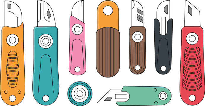 Utility Knife Collection Vector Illustration Featuring Box Cutters Folding Blades and Craft Cutting Tools