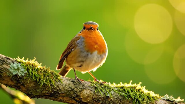 European robin singing on a mossy branch in sunny forest