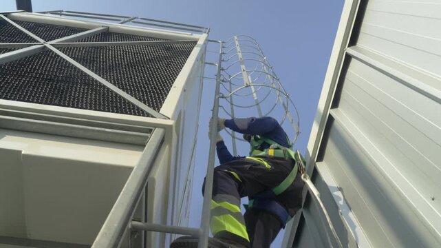 Engineer maintenance hvac cooling tower ladder safety harness rooftop industry scene, worker climbing caged ladder for repair and inspection, helmet and protective gear, industrial building exterior