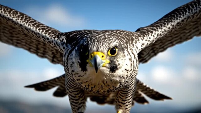 Falcon in flight approaching with wings spread against blue sky
