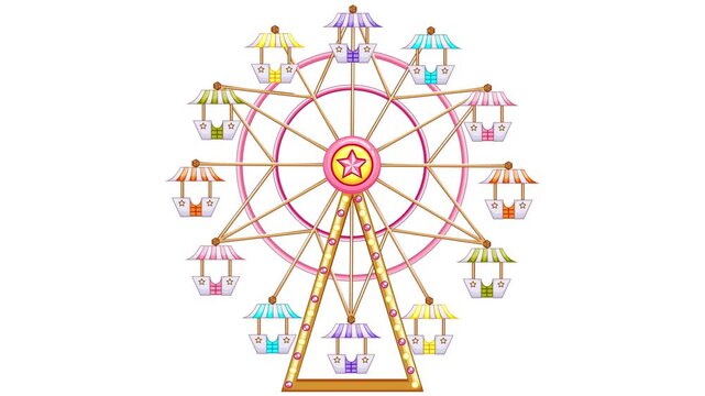 A vibrant and colorful Ferris wheel, a classic amusement park ride, is depicted with its gondolas rotating against a clean white background, symbolizing fun and entertainment.