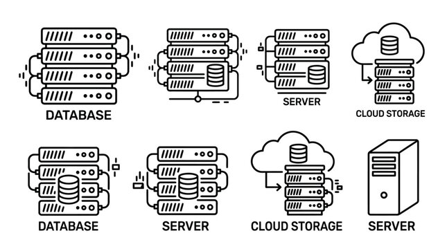 Server Racks, Database Icons, Cloud Storage & Network Server Concepts