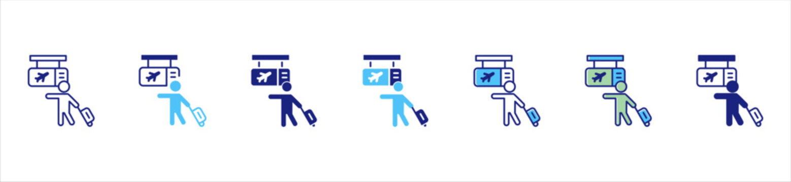 Passenger walking toward airport boarding gate for flight departure and terminal travel activity icon illustration