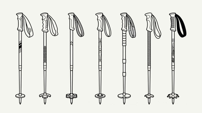 Collection of Ski Poles and Trekking Poles, Line Art Illustration