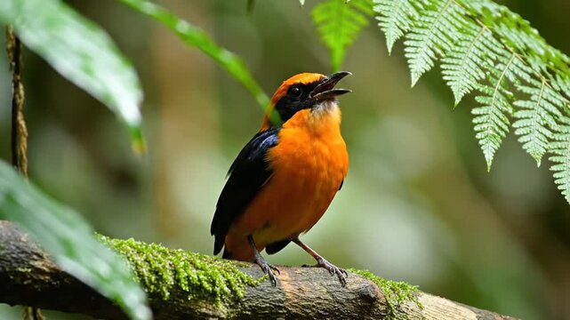 Flame faced tanager perched on mossy branch in tropical jungle