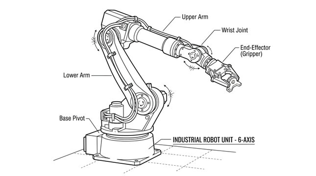 Industrial Robot Arm Diagram: 6-Axis Robotic Arm with Labeled Components