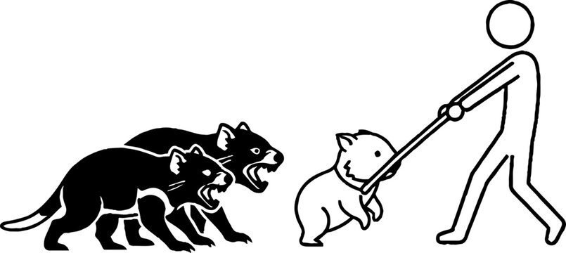 Stick figure protecting wombat from aggressive Tasmanian devils