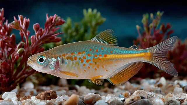 A vibrant fish swims in a tank with colorful aquatic plants and a gravel bed