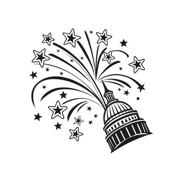Line art illustration of fireworks exploding above US Capitol building in black and white