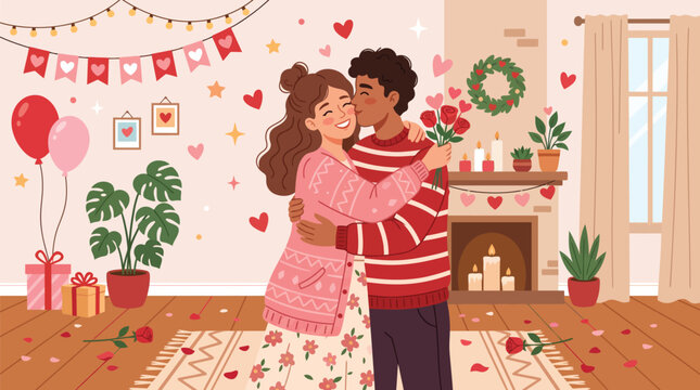 A happy family with a mother, father, and young child smiles together while opening a birthday gift in a colorful cartoon vector illustration celebrating love and happiness