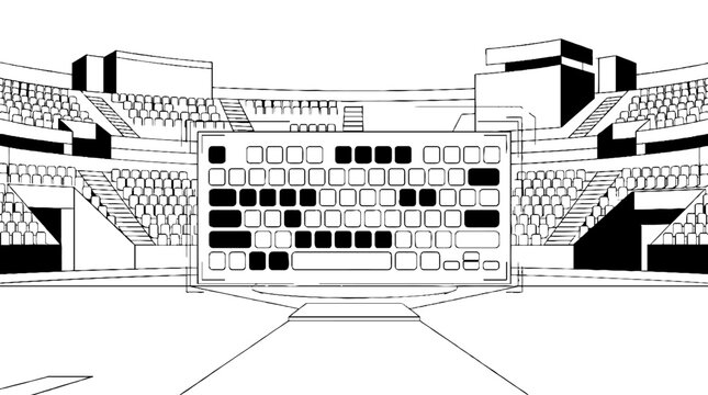 Abstract perspective of digital keyboard and architectural grid