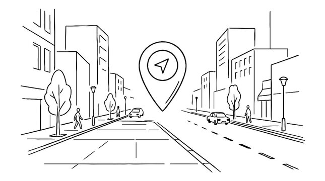 City street with navigation map pin for location tracking