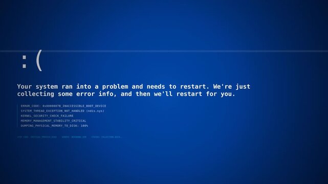 Blue screen with white error message indicating a system crash and prompting a restart due to an unexpected problem