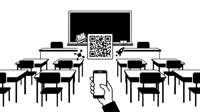 Hand scanning qr code in classroom for digital learning