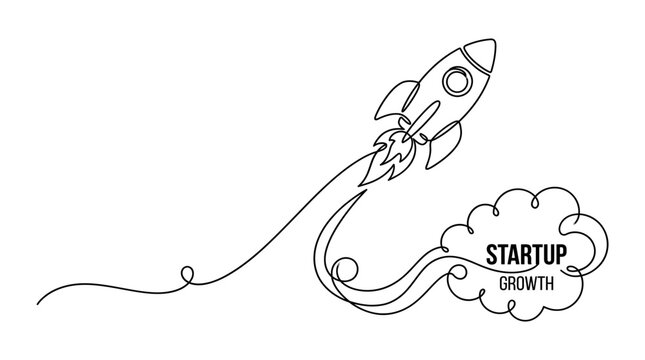 Dynamic continuous line art illustration depicting a rocket launch, symbolizing the upward trajectory of startup growth, business innovation, and project success