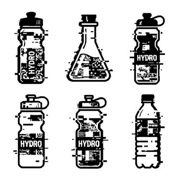 Set of water bottles and laboratory flask icons with glitch effect.