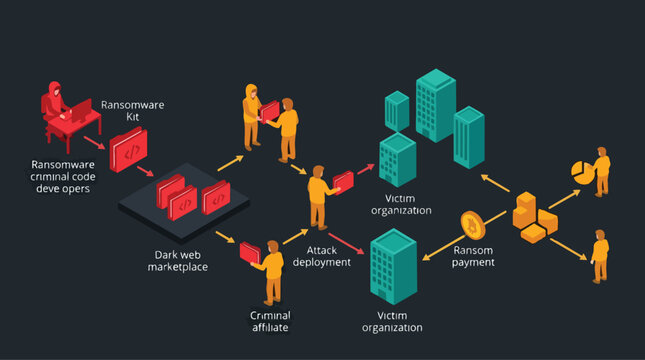 Ransomware Attack Lifecycle Illustration Showing Cybercrime Operations from Code Development to Ransom Payment and Distribution