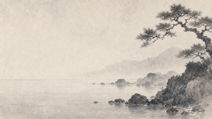 Naklejka premium Sumi Ink Japanese Coastal Morning Fog Background