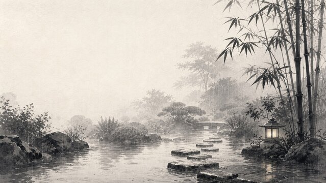 Sumi Ink Japanese Rainy Garden Background with Bamboo Mist