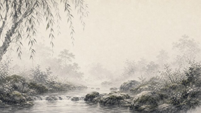 Sumi Ink Japanese Spring Stream Background with Moss Stones