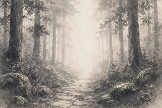 Sumi Ink Japanese Misty Cedar Path Background
