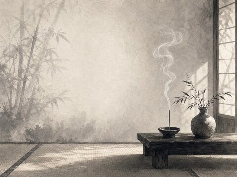Sumi Ink Japanese Incense and Tatami Background