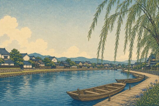 Vintage Japanese River Boats Travel Poster