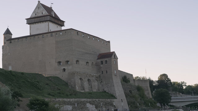 Narva.Estonia-August 11.2020: Narva Estonia with the castle on the border side. With the bridge connecting Ivangorod town. 
