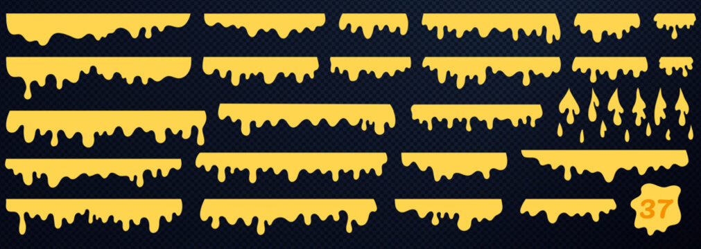 Set of yellow dripping melt stains. Collection of isolated honey, cheese and paint drips. Vector elements on transparent background.