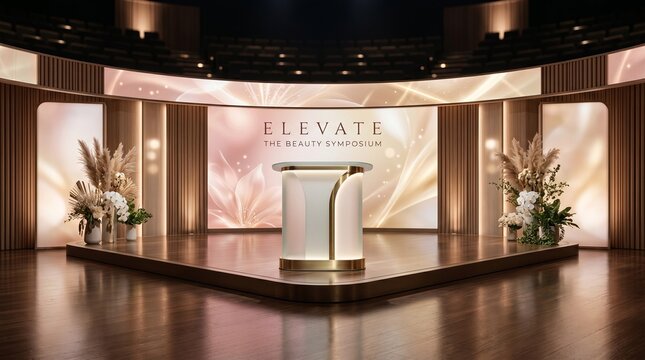 Elegant stage setup with a podium and floral arrangements for a conference or presentation event.