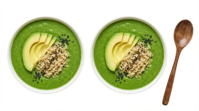 Delicious and Healthy Avocado Soup with Quinoa and Fresh Herbs in Bowls.