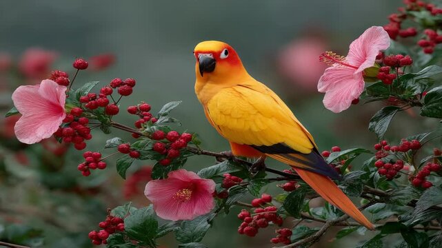 A vibrant parrot with closed eyes perches on a branch adorned with red berries and pink flowers