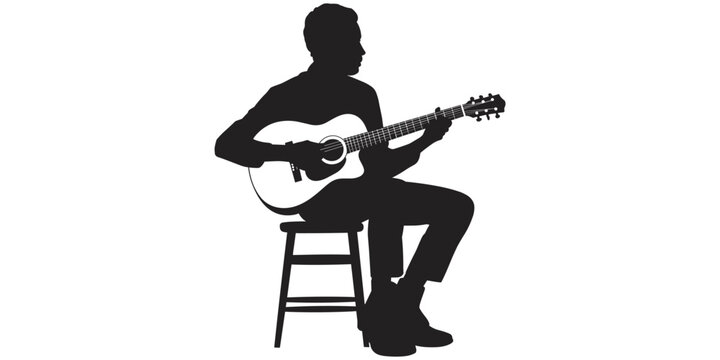 Flat vector illustration of guitar player silhouette, music performance concept, acoustic design and musician artwork