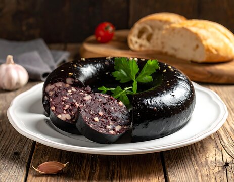 Blood sausage on white plate with herbs.