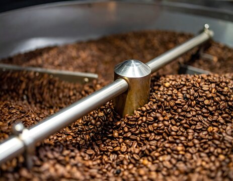 Roasted coffee beans in industrial roaster.