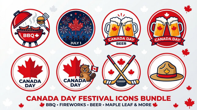 Canada day festival icons bundle with bbq fireworks beer maple leaf and more