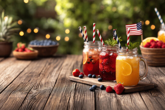 Patriotic drink mason jar fruit straw american flag refreshing summer 4th july outdoor table scene with berry lemonade and citrus iced tea glass